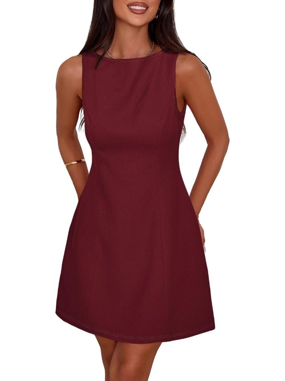 〽️Women's Red Sleeveless Boat Neck Back Closed A-line Short Mini Dresses